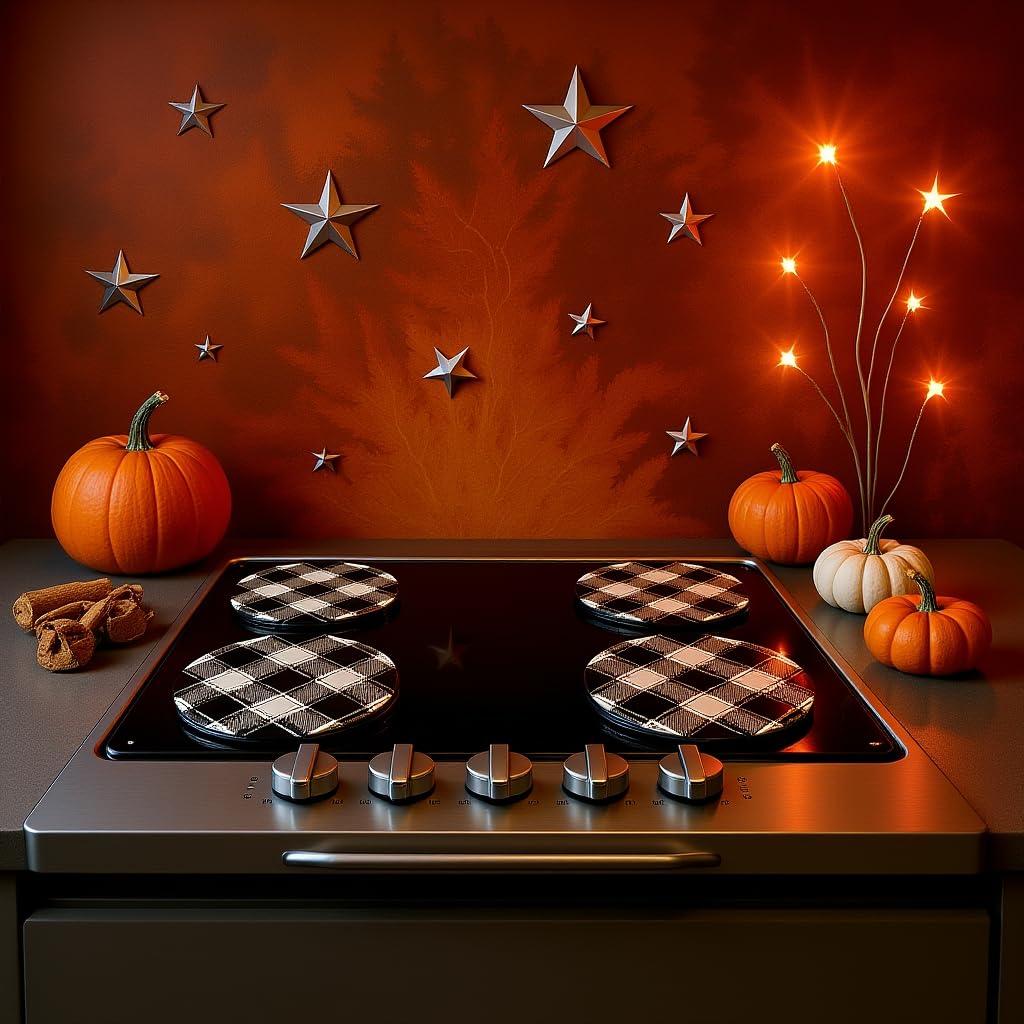 Reston Lloyd, Burner Covers For Electric Stovetop, Decorative Lightweight Tin Covers, Set of 4 (2-8 inch & 2-10 inch), Conceals Messy Drip Pans, Buffalo Check
