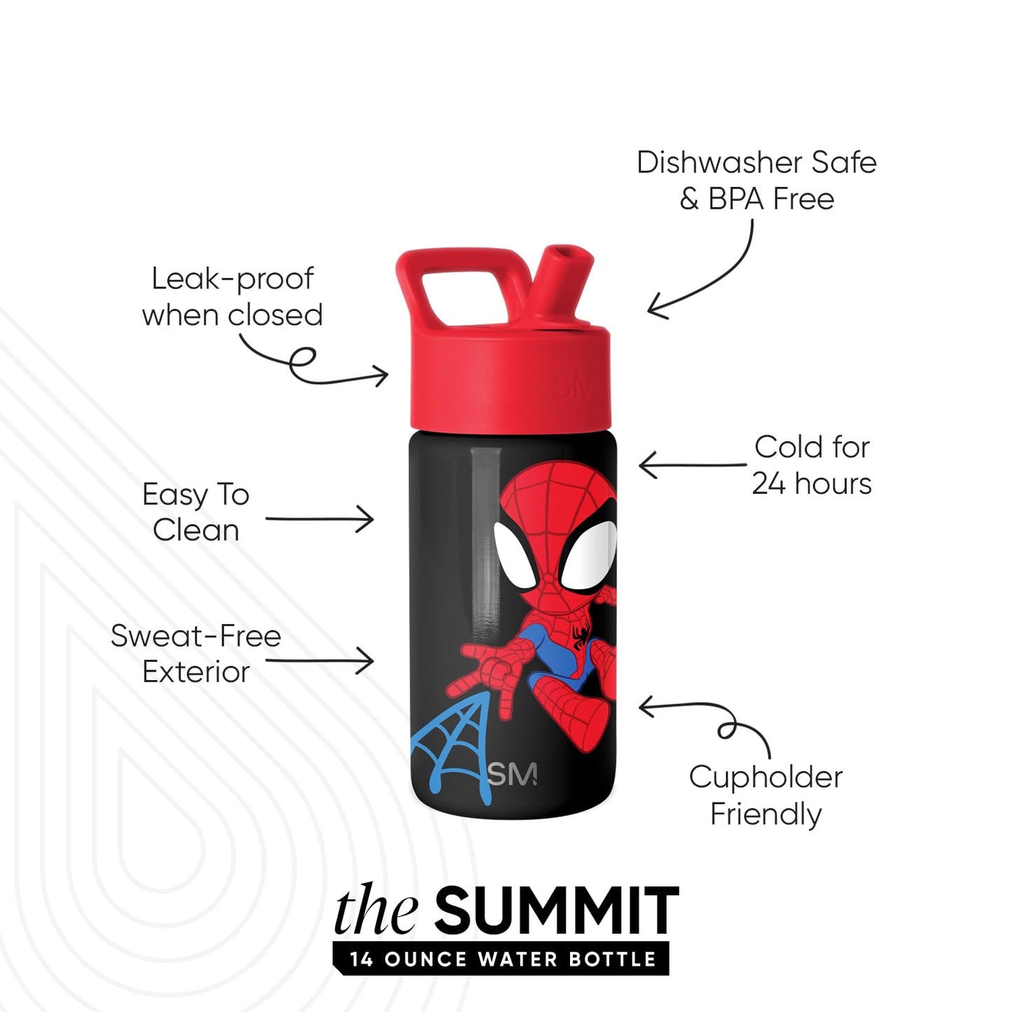 Simple Modern Kids Summit Water Bottle with Straw Lid | Marvel Spider Man 14oz Stainless Steel Cup Insulated Tumbler for Toddlers, Boys, School | Spidey Kid