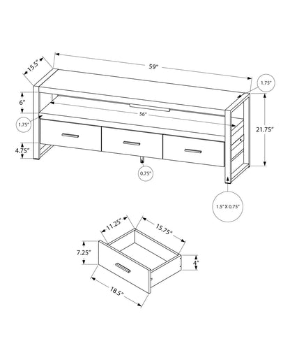 Monarch Specialties TV Stand-Console with 3 Drawers and Shelves-Industrial Modern Style Entertainment Center with Metal Legs, 60" L, Black Reclaimed Wood Look