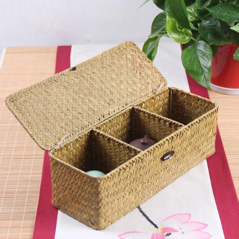 Handwoven Wicker Storage Basket with Lid, 3 Compartment Toilet Paper Holder for Bathroom, Kitchen Organizer Bin