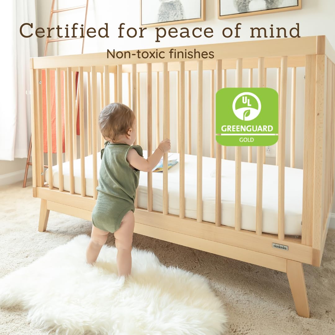 dadada Baby Soho 3-in-1 Convertible Wooden Crib to Toddler Bed - Made in Italy, GREENGUARD Gold Certified, Baby-Safe Finish, Handcrafted Beechwood, Modern Design, 3 Adjustable Heights (Natural)