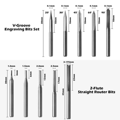 Genmitsu 50pcs Tungsten Carbide End Mill Router Bits, 1/8'' Shank CNC Bit Set Including 2-Flute Straight Bit, Flat Nose & Ball Nose End Mill, PCB Drill & V-Groove Engraving Bits, Nano Blue Coat, MC50A