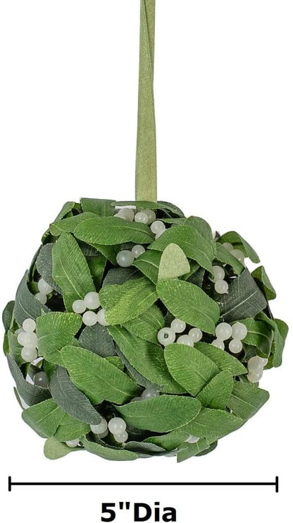 Factory Direct Craft Hanging Mistletoe Ball, Artificial Green Poly Silk Leaves, Multiple White Berries