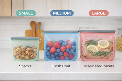 Reusable Silicone Food Storage Bags: Leak-Reistent Stand-up Pouches for Meal Prep, Sandwiches, Snacks, Baby Food, 3 Pack (500ml, 1000ml, 1500ml). BPA-Free, Freezer and Dishwasher Safe, Eco-Friendly