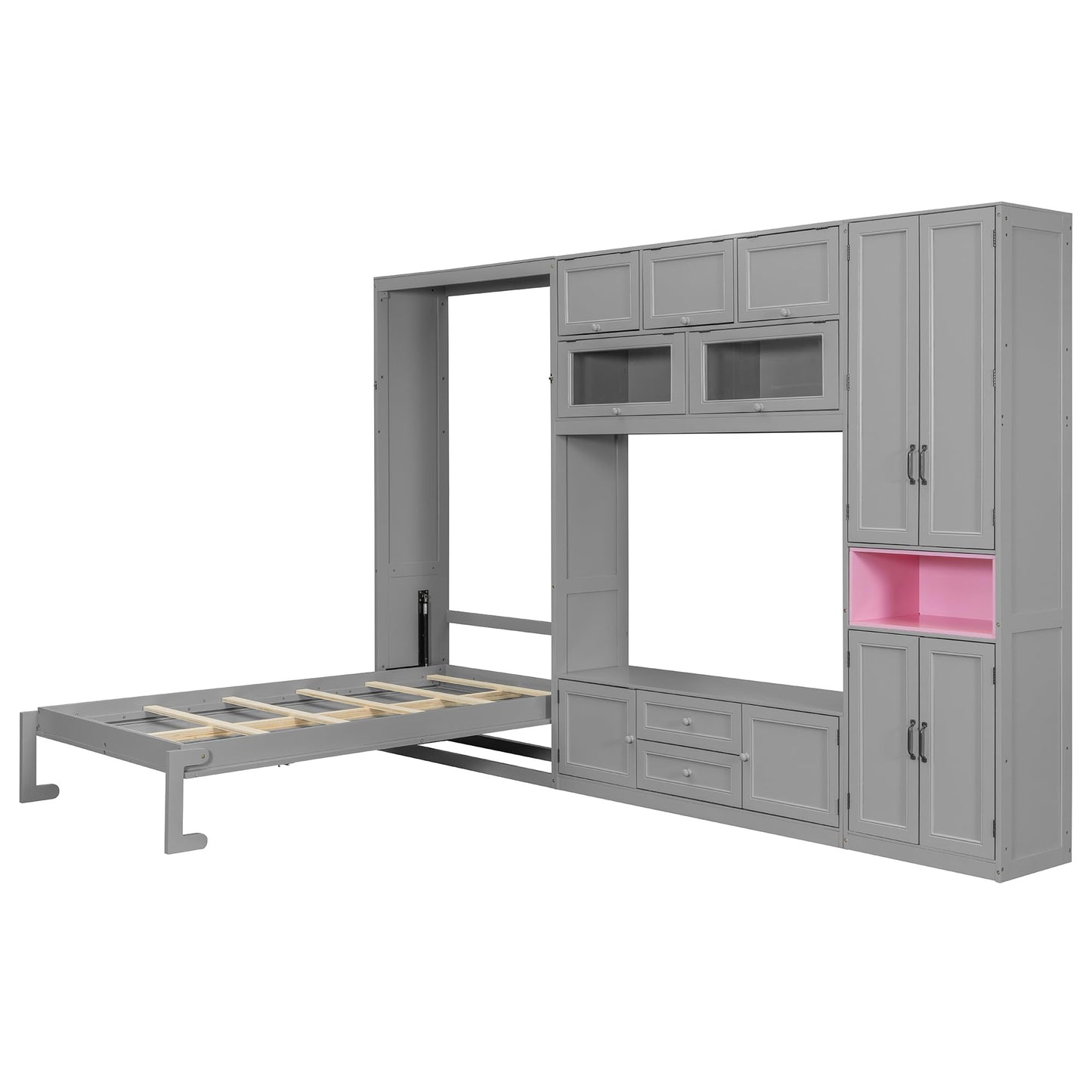 Merax Twin Size Wooden Murphy Bed with TV Stand, Space-Saving Wall Bed Frame with 2 Drawers, Shelves, Cabinets, Foldable Platform for Small Spaces Room, Gray