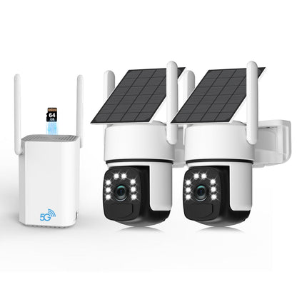 Solar Security Cameras Wireless Outdoor,2 Cam-Kit,Solar-Powered,No Subscription,Home Security Cameras System with 4MP Color Night Vision,Auto Tracking,Spotlight & Siren,64GB Memory Card, 2.4 & 5G WiFi