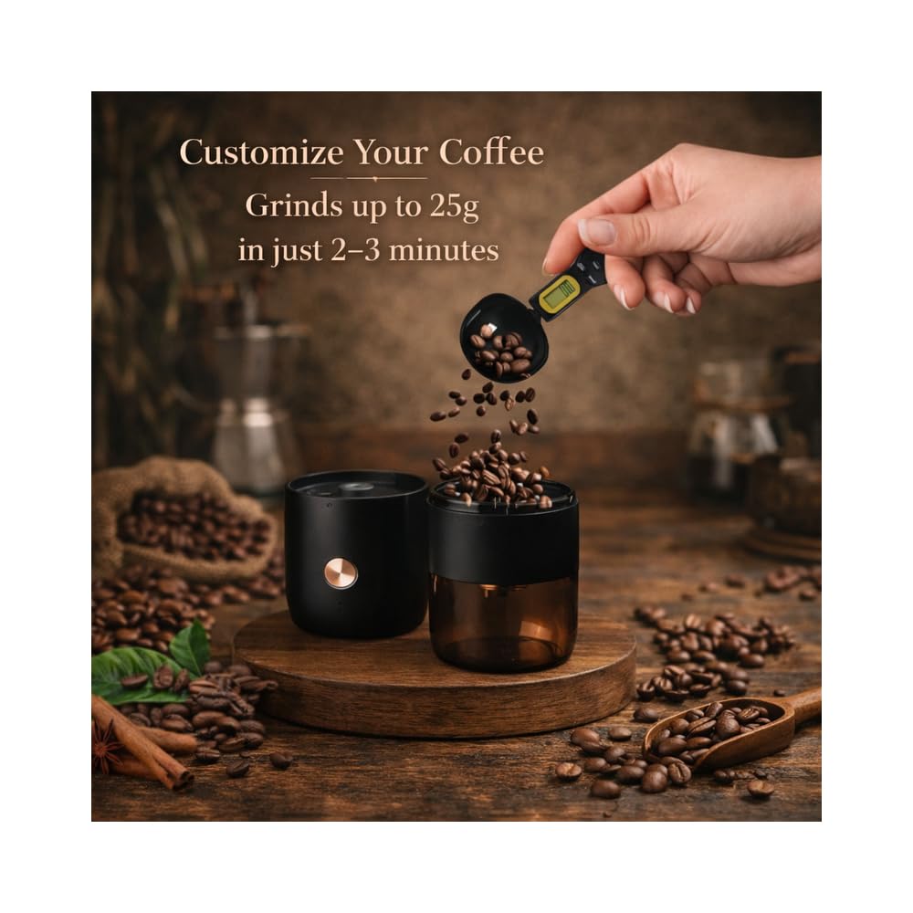 Garsal home. Electric Burr Coffee Grinder with 40 Grind Settings, Stainless Steel Conical Blades, Digital Measuring Spoon, USB-C Rechargeable Battery.