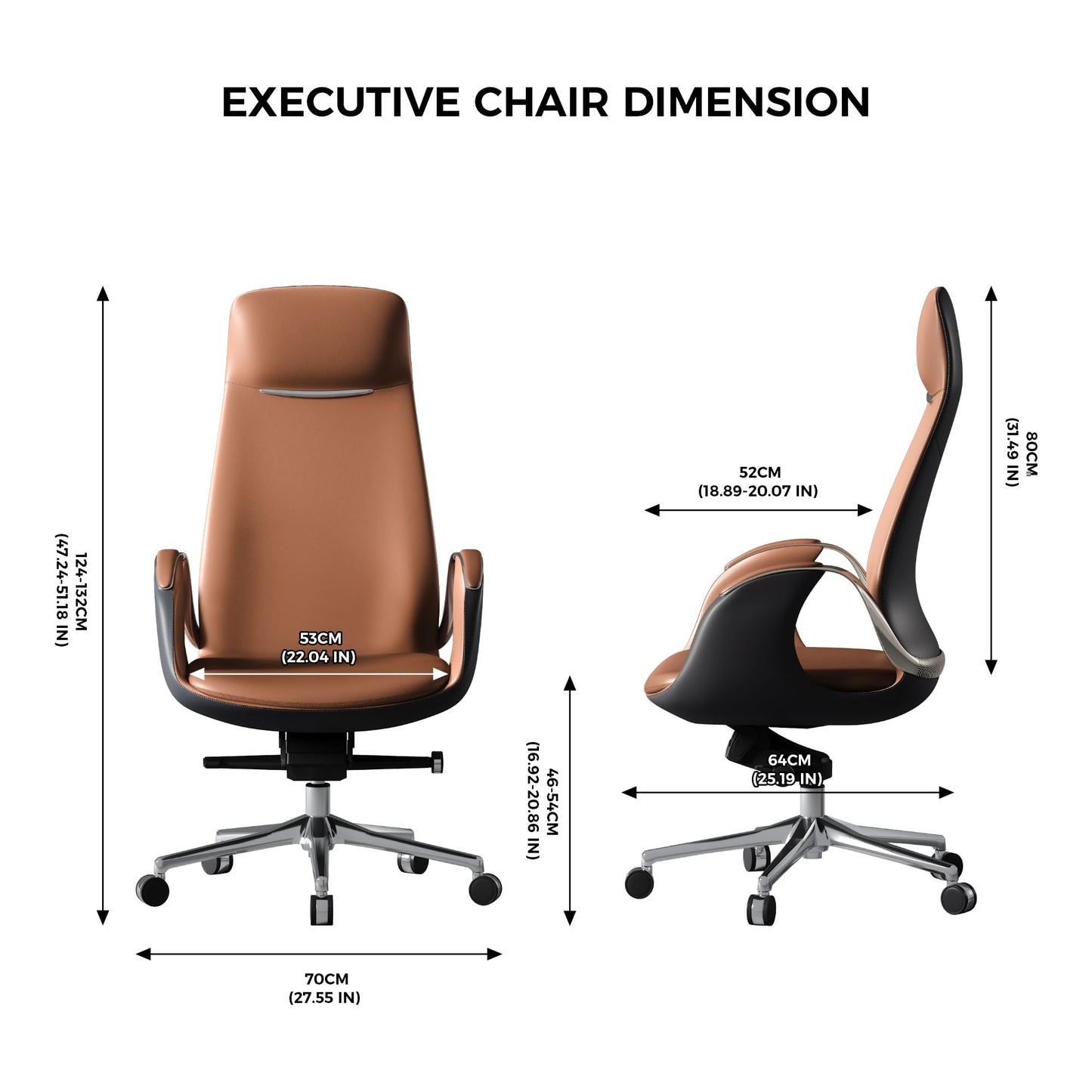 TOMU Top Grain Genuine Leather Executive Office Chair Brown, Luxury Office Chair with Aluminum Sturdy Base, High Back Ergonomic Boss Chair for Long Hours, Reclining and Rolling smoothly, (Brown)