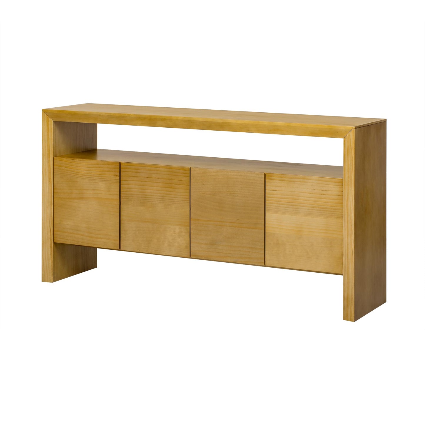 GDFStudio 60" Modern Buffet Cabinet with 4 Doors and Open Shelf, Solid Wood Veneer Sideboard Cabinet Credenza Storage Console Table for Kitchen Dining Room Living Room Entryway Coffee Bar, Natural