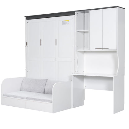 Merax Farmhouse Multi-Functional Murphy Bed with Sofa, Desk & Storage Cabinet,Solid Wood Foldable Wall Bed/Space Saving/No Box Spring Needed/Full,White + Gray