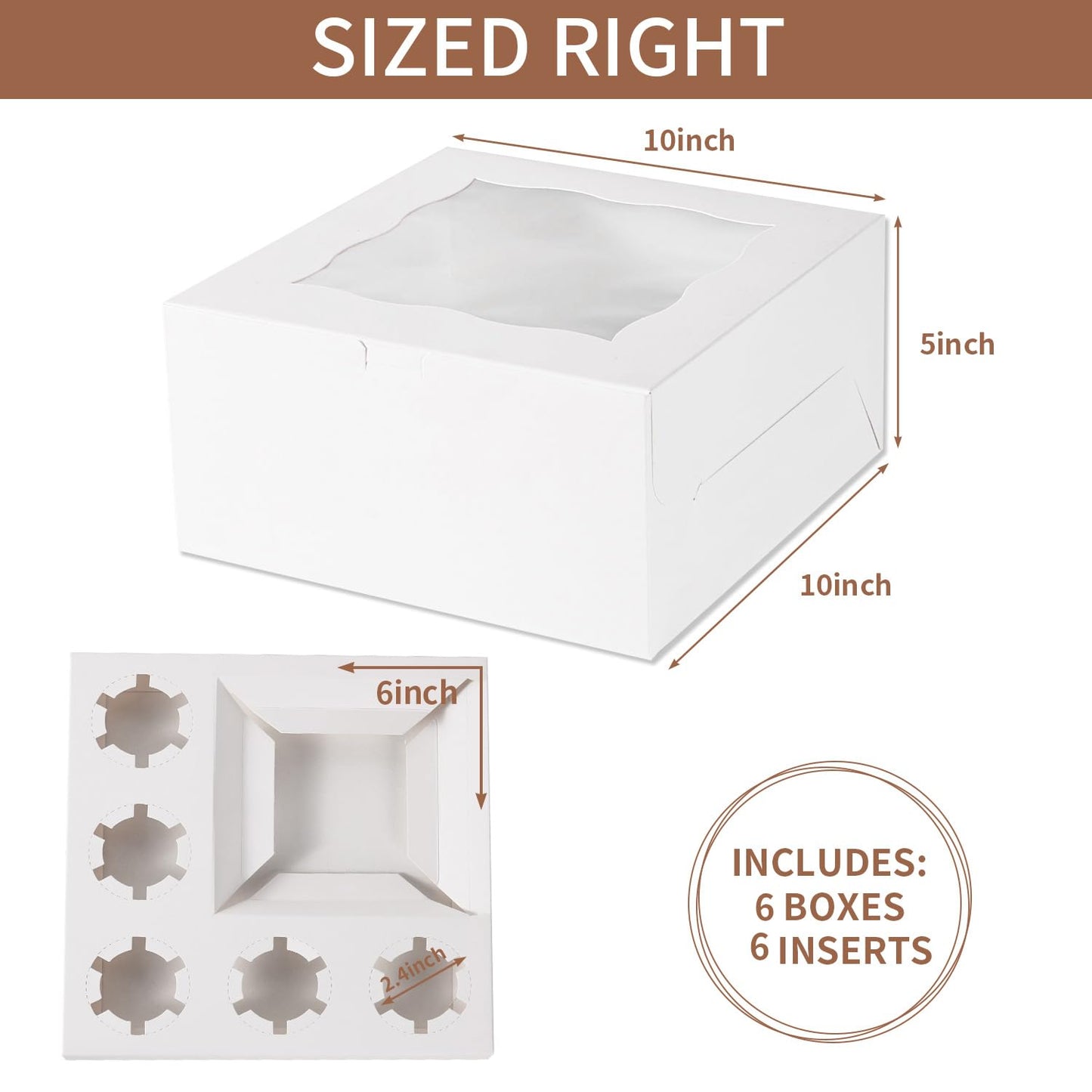 PFAMKEER Bento Cake Box With Cupcakes, Clear Window 6 Holes Bento Combination,6 Sets: Cookie Boxes Fit 5 Regular Cupcake and Mini Cakes, Christmas Wedding Birthday Party (White/clear, 1+5/6pcs)