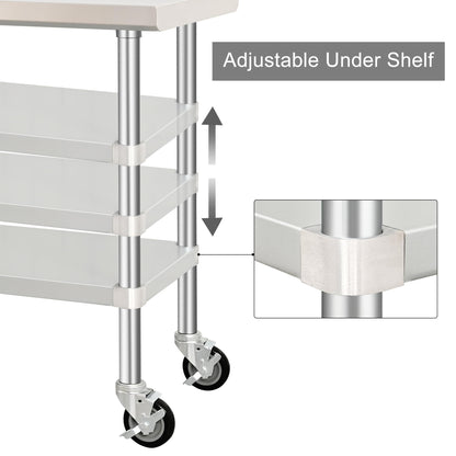 HARDURA Stainless Steel Table with Wheels 30 x 48 Inches Kitchen Prep Table Heavy Duty Stainless Steel Workbench with Aluminium Corner Undershelf NSF 304 Metel Table for Commercial Restaurant