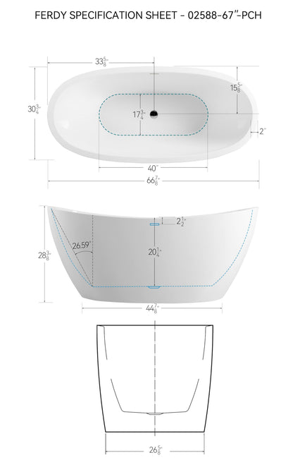 FerdY Naha 67" Acrylic Freestanding Bathtub, Curve Edge Freestanding Soaking Bathtub, Glossy White, cUPC Certified, Toe-Tap Chrome Drain & Overflow Assembly Included, 02588