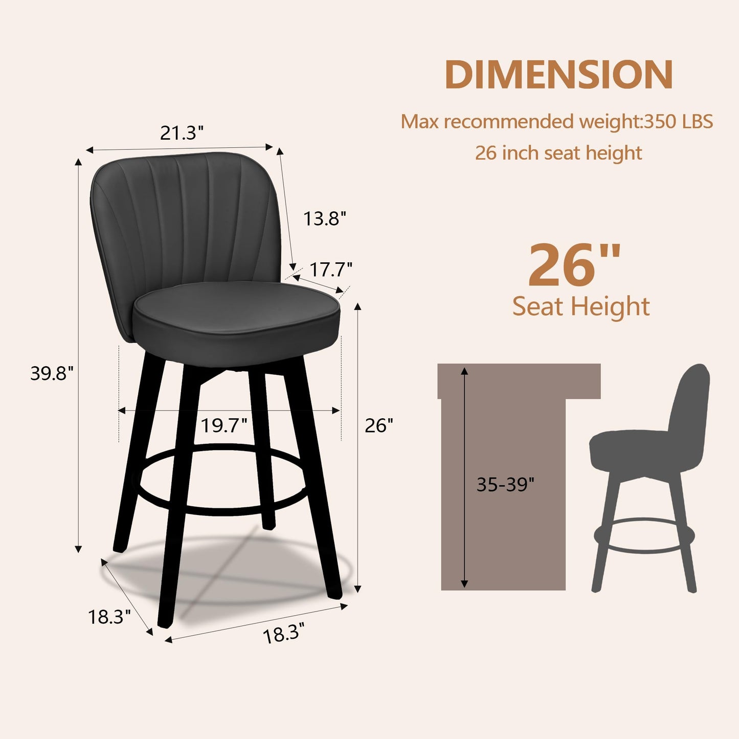 MINCETA 360° Swivel Bar Stools Set of 4, 26 Inch Counter Height Bar Stool with Shell Backrest, PU Leather Upholstered Bar Chair with with Footrest, for Kitchen Island, Home Bar, Dark Gray