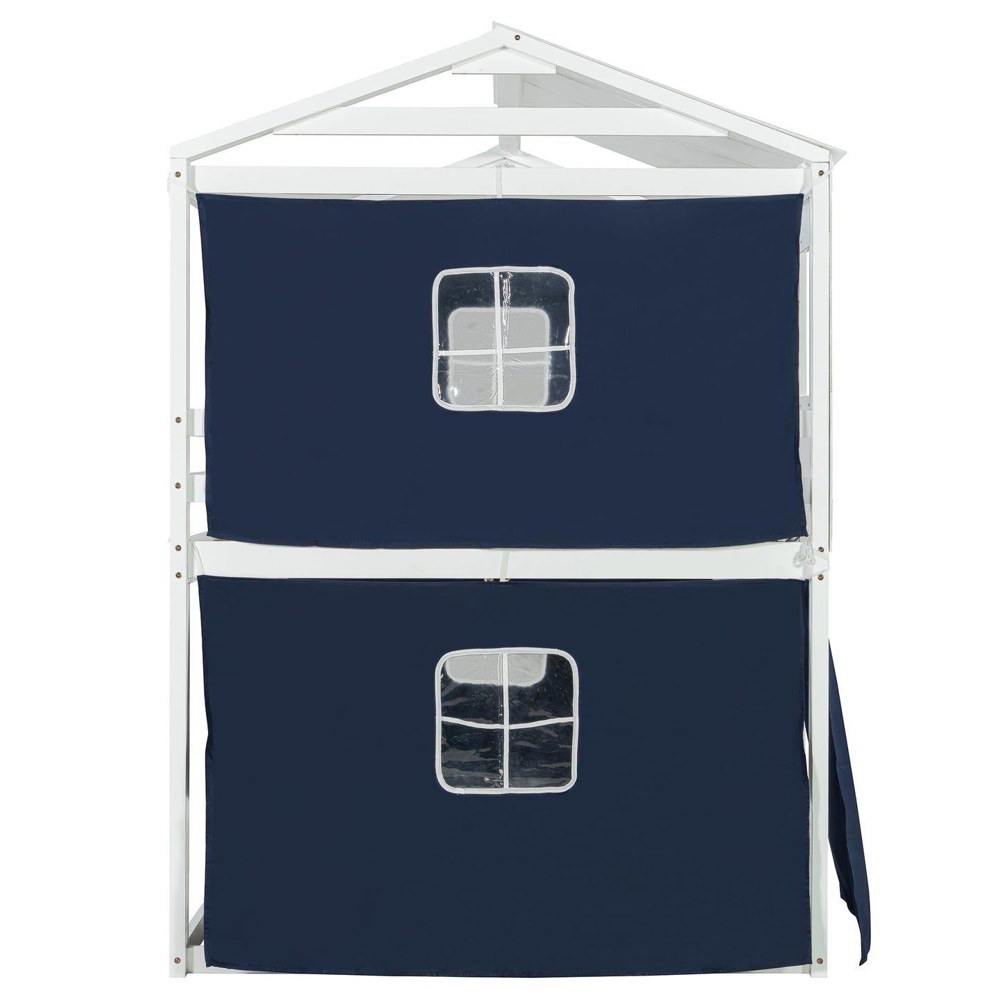 Full Over Full Bunk Bed with Tent, Wood Full Size House Bed Frame, Blue+White