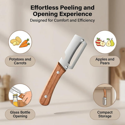 2 Pack Multifunctional Vegetable Peeler, 2-in-1 Kitchen Peeler with Bottle Opener, Wooden Handle & Stainless Steel Blade, for Potato, Carrot, Fruit, Pumpkin, Papaya & More