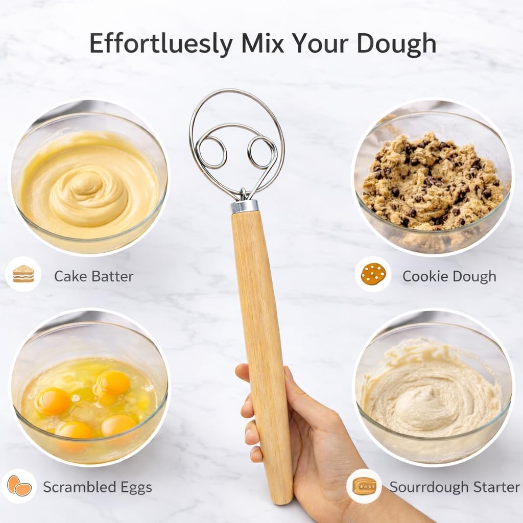 13 Inch 304 Danish Dough Whisk for Sourdough Bread Bread Whisk with Wooden Handle Stainless Steel Hook for Heavy Dough