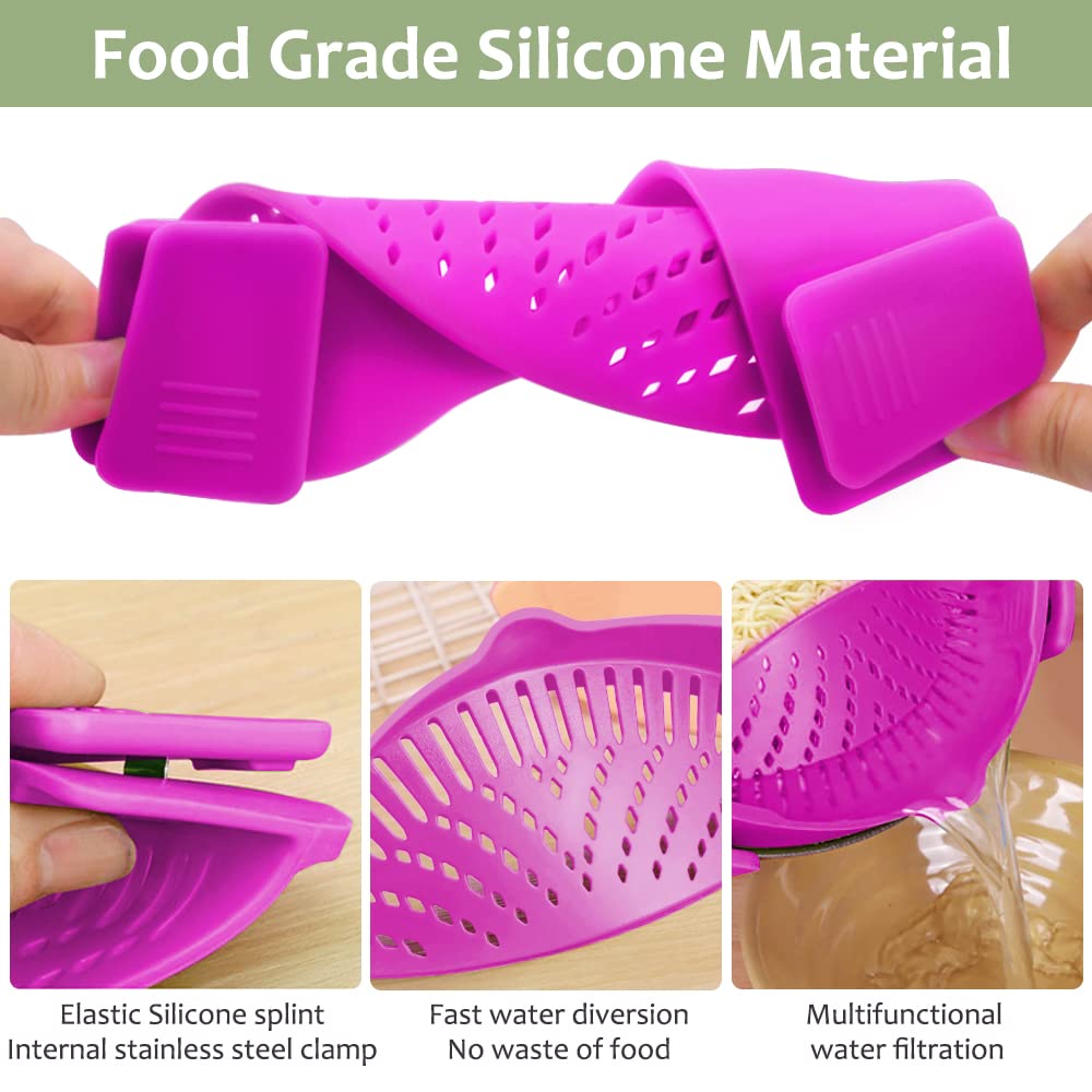 YEVIOR Clip on Strainer for All Pots Pan,Silicone Pasta Strainer Kitchen Gadgets,Collapsible Colander for Noodle,Vegetables,Fruit,Spaghetti (Grey)
