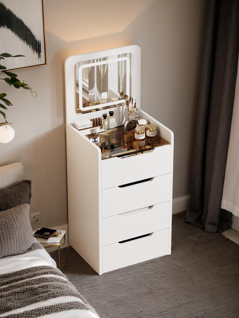 KEIKI Vanity Desk with Plip Top Mirror, 3 in 1 Make Up Vanity Set with 3 Drawers, Dressing Table with Stool for Bedroom, White