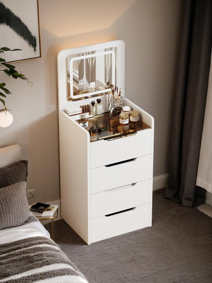 KEIKI Vanity Desk with Plip Top Mirror, 3 in 1 Make Up Vanity Set with 3 Drawers, Dressing Table with Stool for Bedroom, White