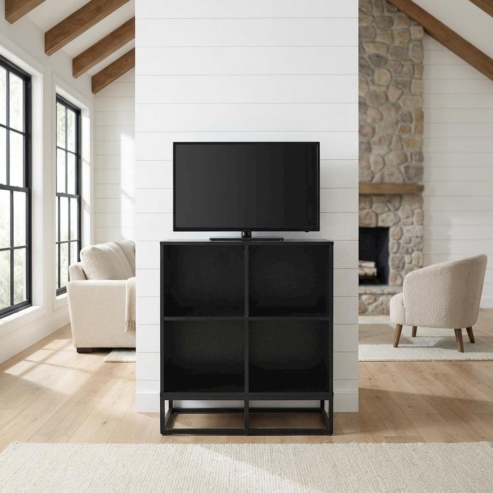Furnifact Black 4 Cube Record Player Stand with Vinyl Storage, Compact Design, Durable Construction, Ideal for Living Room or Entertainment Area