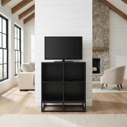Furnifact Black 4 Cube Record Player Stand with Vinyl Storage, Compact Design, Durable Construction, Ideal for Living Room or Entertainment Area