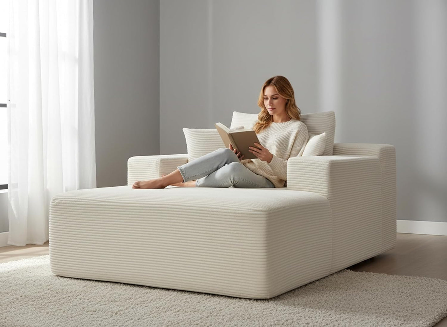 Container Furniture Direct Monroe Convertible Chaise Lounge Chair Indoor – Oversized Corduroy Couch with Wide Armrest & Throw Pillows, Cozy Boneless Sleeper Sofa Bed Armchair, Beige