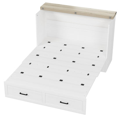 Merax Modern Farmhouse Solid Wood Murphy Cabinet Bed with Charging Station, Foldable Wall Platform Bed with Storage Drawer/No Box Spring Needed/Easy Assemble/Full, White