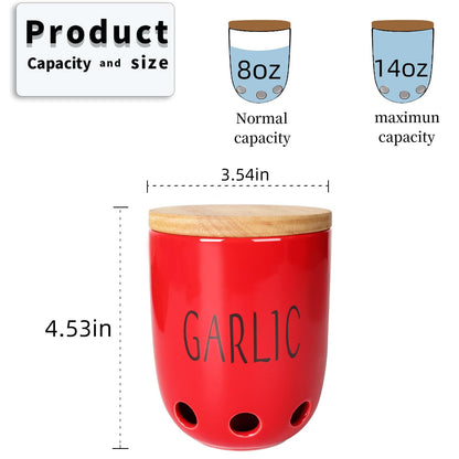 HAOTOP Ceramic Garlic Keeper for Counter, Garlic Saver Container with Wood Lid, Garlic Keeper for Kitchen, Garlic Holder to Keep Your Garlic Cloves Fresh Longer (Red)