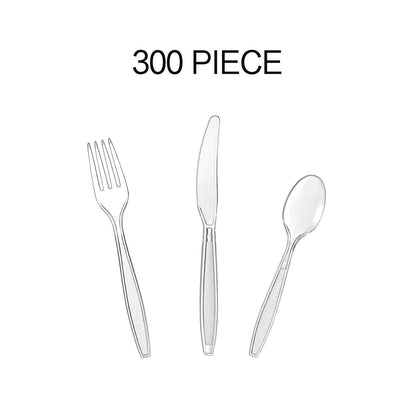 Cutlery Set Plastic Utensils Clear Forks Spoons Knives Disposable Silverware Heavyweight [300 Combo Box]