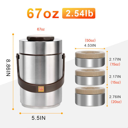 Pawovdeq 67 oz Adults Stainless Steel Vacuum Insulated Wide Mouth Soup Food Thermo Hot Food Jar with Keep Thermal Portable 3 Tier Stackable Bento Hot Food Containers Lunch Boxes (67 oz Silver)