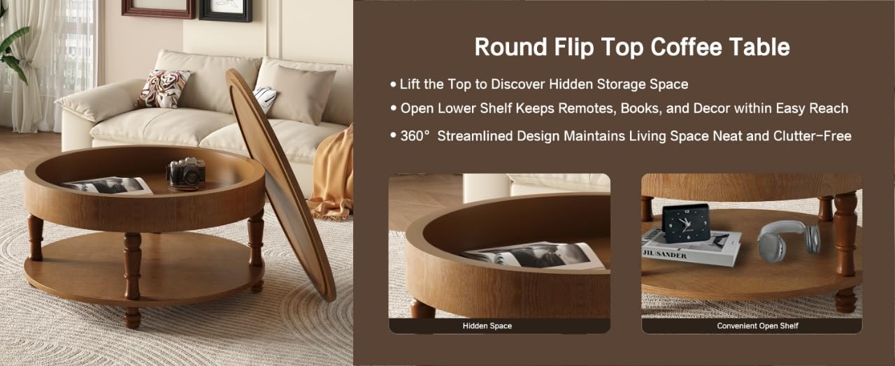 Hayzz Round Coffee Table with Storage 31.5 Inch, Modern Lift Top Accent Coffee Table with Hidden Compartment & Lower Shelf, Adjustable Leveling Feet, Easy Assembly for Living Room, Walnut Brown