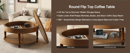 Hayzz Round Coffee Table with Storage 31.5 Inch, Modern Lift Top Accent Coffee Table with Hidden Compartment & Lower Shelf, Adjustable Leveling Feet, Easy Assembly for Living Room, Walnut Brown