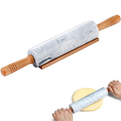 Gymdin Marble Rolling Pin - 18.9" Marble Rolling Pins for Baking, Pastry, Pizza Dough & More - Polished Non-Stick Surface, Long Dough Roller with Wooden Handles & Base