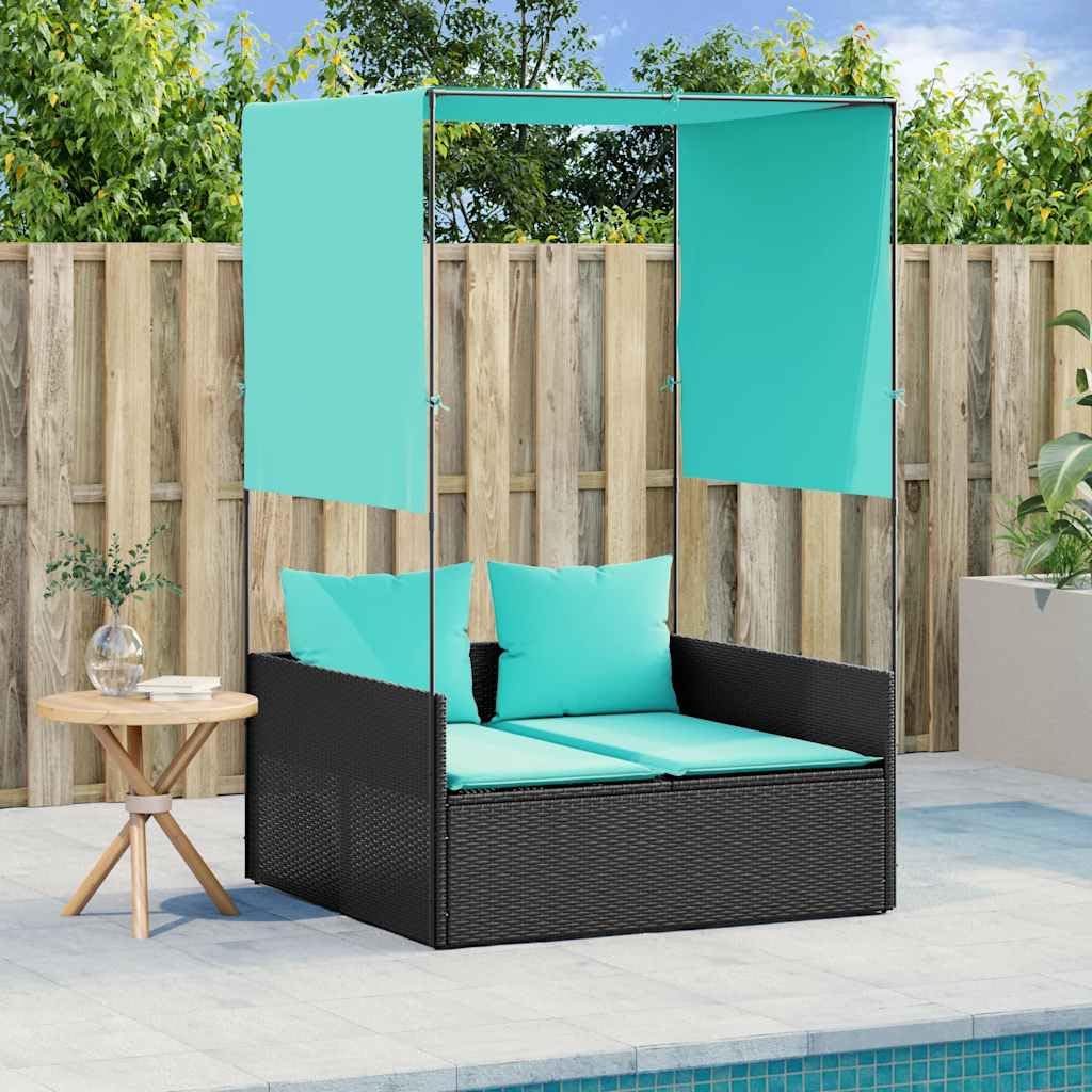 Favemtsl Double Outdoor Lounge Chair Black PE Rattan 17x18.3x29 in with Adjustable Canopy & Privacy Curtains, Removable Cushions, 2-Person Sunlounger for Patio Garden Terrace