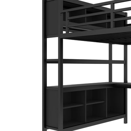 Bellemave Queen Size Loft Bed with Desk, Wardrobe & Storage Shelves, Modern Metal Loft Bed Frame for Adults, Teens, Kids, Space-Saving Queen Bed for Small Rooms, Dorms, Apartments (Queen, Black)