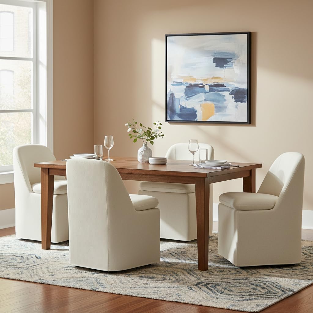 KISLOT Upholstered Dining Chairs with Casters, Washable Cover Modern Dining Room Chairs with Thick Cushion & Sturdy Metal Frame for Kitchen, Living Room, Dressing Room, Linen Fabric, Set of 4