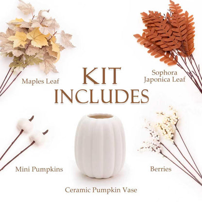 Fall Decor - Ceramic Pumpkin Vase with 15 PCS Autumn Maple Leaf Pumpkin Berry Stems - Table Centerpieces Thanksgiving Farmhouse Neutral Harvest Decorations for Home Indoor Dining Room Kitchen
