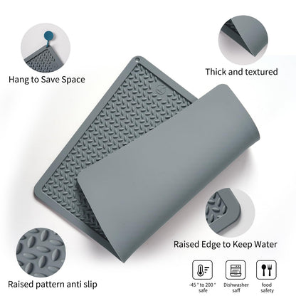 Silicone Drying Mat & Heat Resistant Mat for Kitchen Counter, Non-Slip Dishwasher Safe, Raised Edge for Dishes Bottles Sink (15.35x11.61in, Gery)