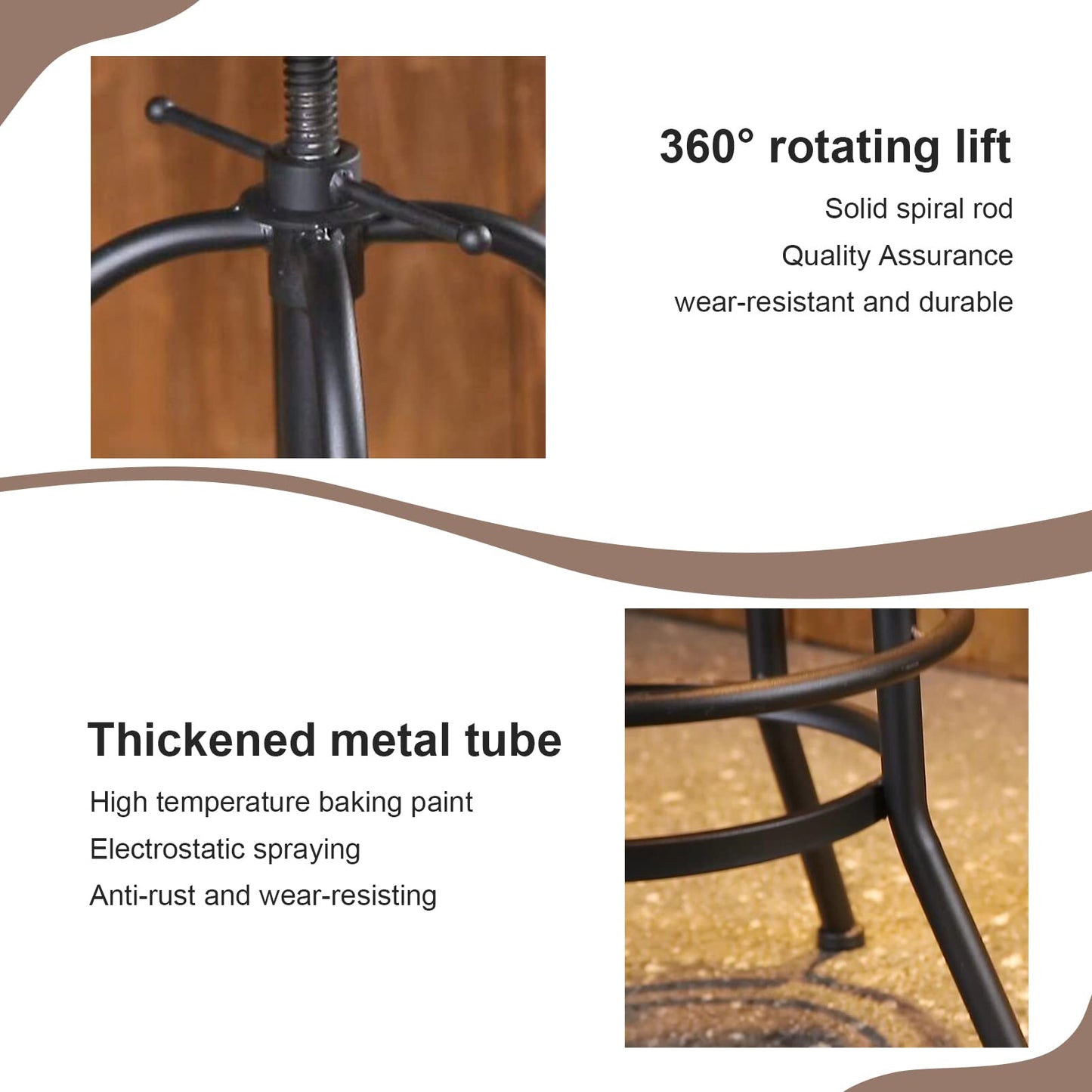 3-Piece Bar Height Table & Stools Sets for Cocktail Bistro Home Pub Party, Weld Metal Legs Round Wood Top, Rustic Brown Industrial Black Adjustable Swivel (1×38.6"-48.4" Table, 2×26"-32" Stool)