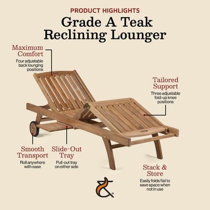 TITAN GREAT OUTDOORS Ash & Ember Grade A Teak Reclining Sun Lounger, Four Adjustable Backrest Position, Fold-Up Knee Positions, Pull-Out Tray, Weather-Resistant Outdoor Chaise Lounger with Wheels