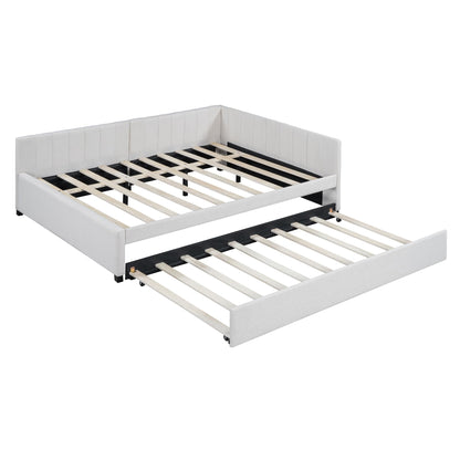 PVWIIK Full Size Upholstered DayBed with Trundle & Modern Style for Adult,Kids,Bedroom,L-Shaped Bedframe,Beige
