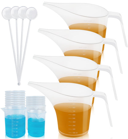 Artcome Funnel Pitcher Set - 4 Pack, 1000ml Plastic Measuring Pitchers with Funnels, 4 Stirring Rods, and 15 Small Measuring Cups for Soap Making, Resin Casting, Baking, and DIY Crafts