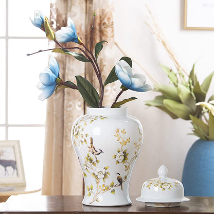 ZHOUXIAO White Ceramic Ginger Jar with Lid for Home Decor,Traditional Chinese Flowers and Birds Temple Jar, Jingdezhen Handcrafted Porcelain Vase Centerpiece Decor M