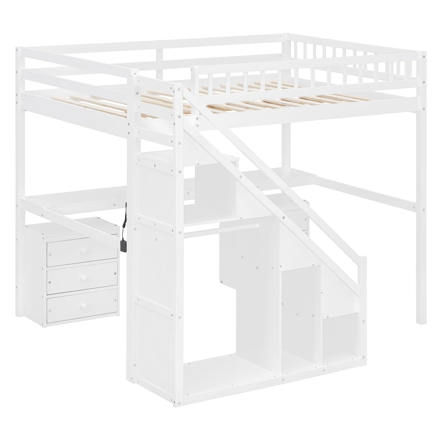 Merax Full Size Wood Loft Bed with Stairs, Built-in Desk, 2 Storage Drawers & Lights, Space Saving Bed for Teens, Adults, Study Loft Bed with Underbed Storage, White