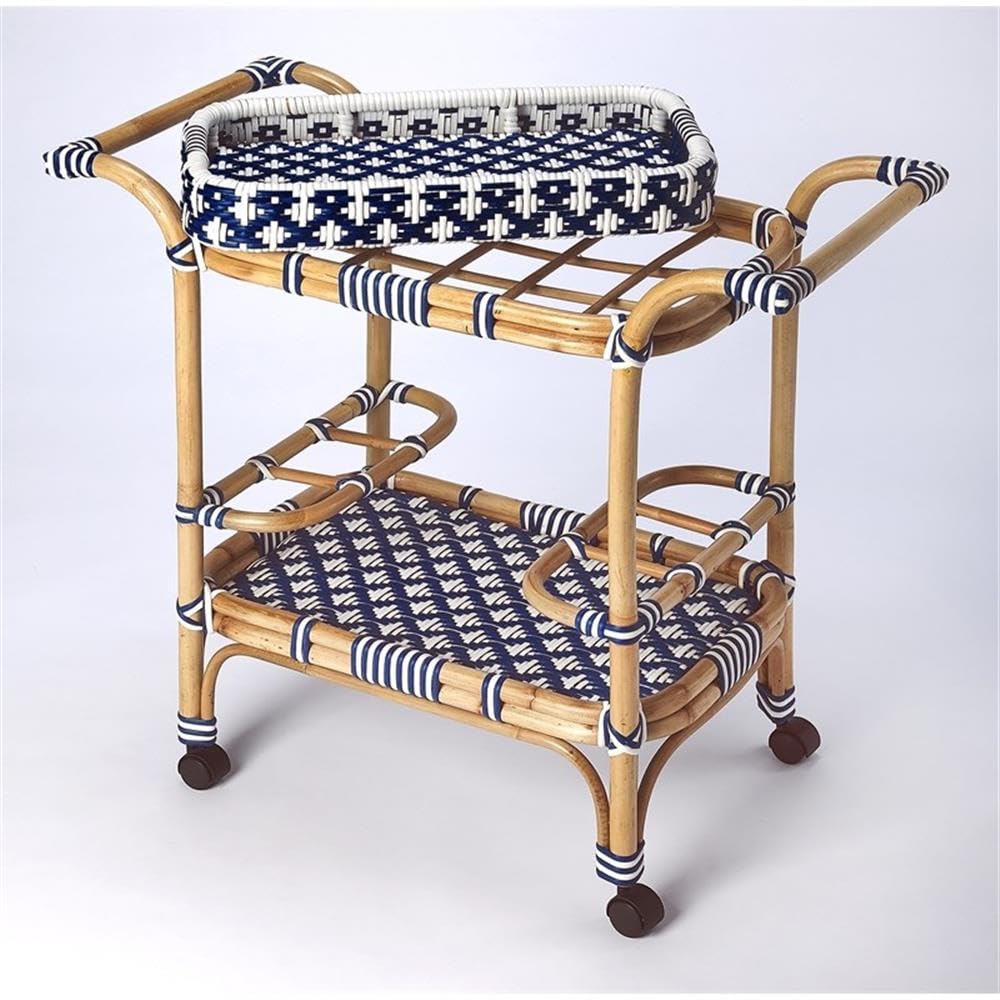 Beaumont Lane Rattan Bar Cart, Blue and White Finish, PE Plastic Weave with Casters, Removable Tray, 34.5 in Wide, Transitional Style Serving Cart for Entertaining