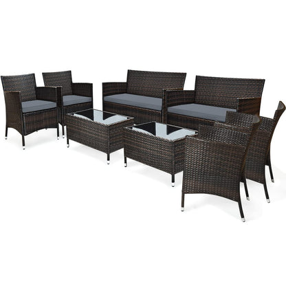 COSTWAY 8PCS Rattan Patio Furniture Set, Outdoor Wicker Rattan Chairs with Coffee Table, Rattan Cushioned Conversation Set for Backyard Balcony Porch Poolside, Grey
