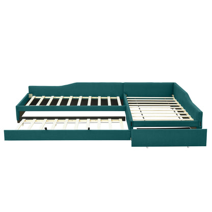 Merax Double Twin Size Upholstered Daybed with Trundle and Storage Drawer, Green Wood Bed Frame for Teens