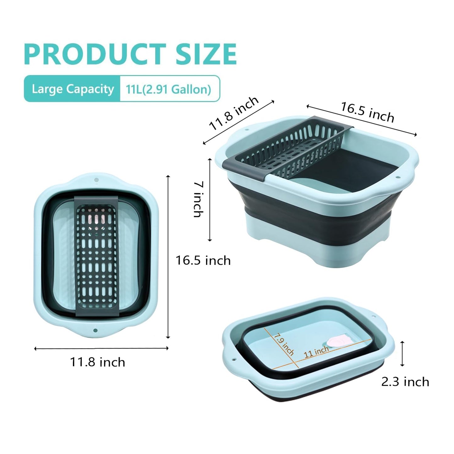 Hexurga 2.91 Gallon Collapsible Dish Basin with Drain Plug, Space Saving Outdoor Multiuse Foldable Sink Tub, Dishpan, 11L Portable Wash Basin for Vegetable Washing, Station Camping, RV(Green)