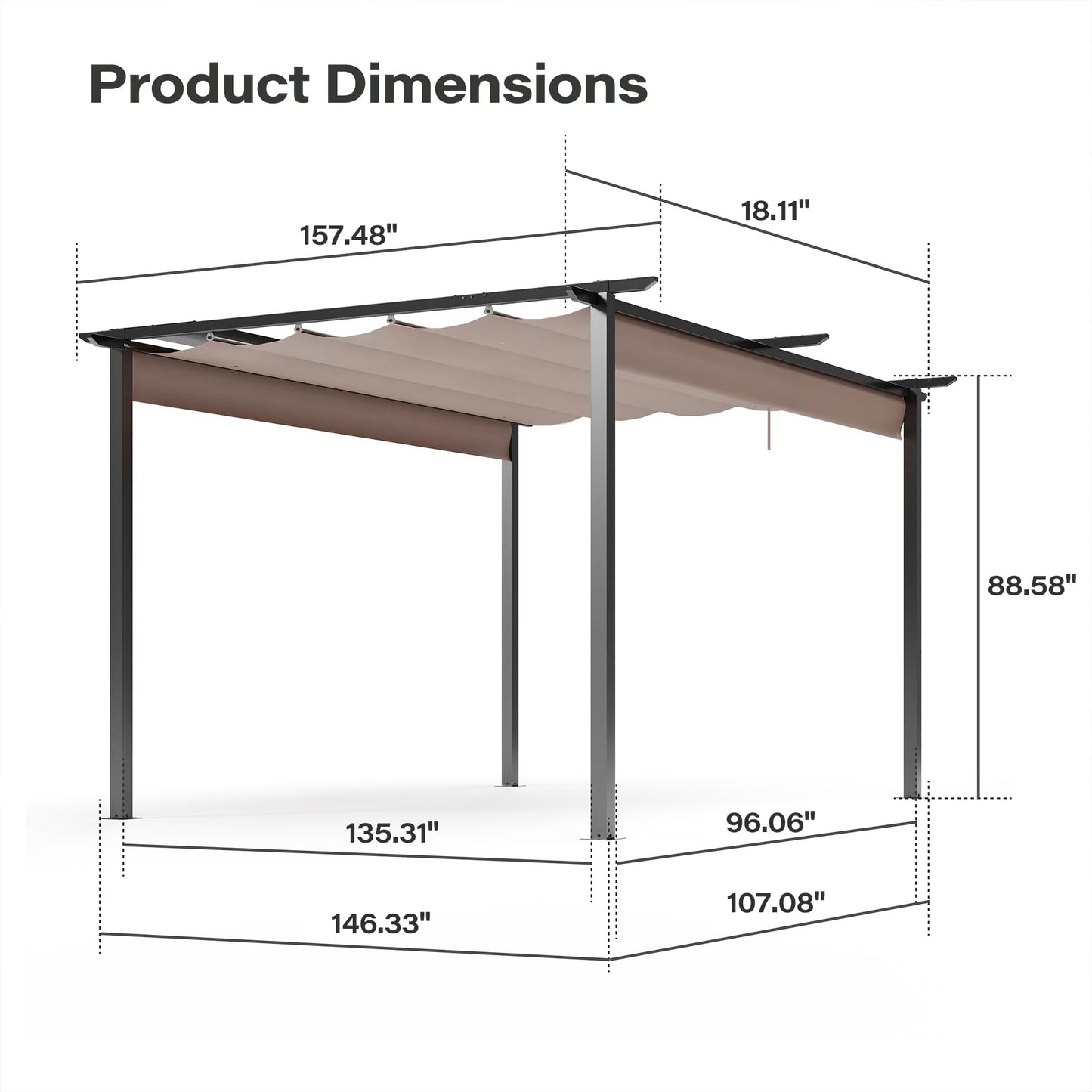 LAUSAINT HOME 10' x 13' Outdoor Retractable Pergola, Heavy-Duty Aluminum Pergola with Sun Shade Canopy for Garden, Backyard, Deck, Porch, Brown